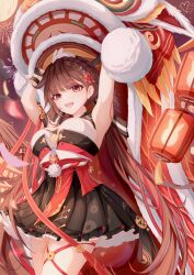 Rule 34 | 1girl, :d, absurdres, alternate color, armpits, arms up, black dress, blackheart`, braid, breasts, brown eyes, brown hair, chinese commentary, commentary, commentary request, cowboy shot, dress, fireworks, flower, hair flower, hair ornament, highres, honkai (series), honkai impact 3rd, lantern, large breasts, li sushang, li sushang (jade knight), long hair, looking at viewer, multicolored hair, official alternate costume, open mouth, paper lantern, red hair, ribbon, skirt, smile, solo, teeth, very long hair