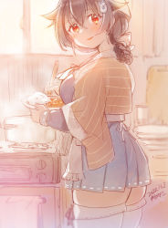 Rule 34 | 1girl, apron, bandana, black hair, blue sailor collar, blue serafuku, blue skirt, breasts, brown shawl, cooking, curry, curry rice, food, hair flaps, hair ornament, hairband, hairclip, headgear, highres, indoors, jingei (kancolle), kantai collection, kirisawa juuzou, kitchen, large breasts, long hair, looking at viewer, looking to the side, low ponytail, neckerchief, oven, plate, pleated skirt, red eyes, rice, sailor collar, school uniform, serafuku, shawl, skirt, smile, stove, thighhighs, two-tone hairband, waist apron, whale hair ornament, white apron, white bandana, white neckerchief, white thighhighs