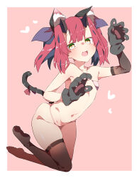 Rule 34 | 1girl, absurdres, animal ear fluff, animal ears, animal hands, bad id, bad pixiv id, bikini, black thighhighs, blush, bow, cat ears, cat paws, cat tail, elbow gloves, flat chest, full body, gloves, hair bow, heart, highres, horns, kz oji, looking at viewer, micro bikini, navel, open mouth, original, paw gloves, pink bikini, red hair, short hair, single elbow glove, single thighhigh, skindentation, slit pupils, smile, solo, swimsuit, tail, tail bow, tail ornament, thighhighs, two-tone background, yellow eyes