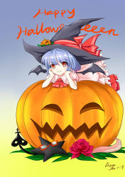 Rule 34 | 1girl, :3, absurdres, alternate headwear, arashi aya, arm support, ascot, bat wings, blue hair, dated, fang, flower, glasses, gradient background, halloween, happy halloween, hat, hat ornament, hat ribbon, head rest, highres, jack-o&#039;-lantern, laevatein, leaf, looking at viewer, lying, on stomach, pink flower, pink rose, platform footwear, puffy short sleeves, puffy sleeves, red eyes, remilia scarlet, ribbon, rose, short hair, short sleeves, signature, skirt, skirt set, slit pupils, solo, star (symbol), tentacles, touhou, wings, witch hat