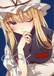 Rule 34 | 1girl, blonde hair, blue background, breasts, grey eyes, hand to own mouth, hand up, hat, large breasts, long hair, looking at viewer, mob cap, one eye closed, outline, simple background, sleeves past elbows, solo, touhou, unkmochi, upper body, white outline, yakumo yukari