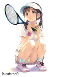 Rule 34 | 1girl, artist name, ball, black hair, breasts, commentary request, full body, green eyes, hat, holding, holding racket, kneeling, koutaro, long hair, low twintails, miniskirt, original, panties, pantyshot, pink footwear, pleated skirt, racket, shirt, shoes, skirt, small breasts, socks, solo, sportswear, tennis, tennis ball, tennis net, tennis racket, tennis uniform, thighs, twintails, underwear, visor cap, white background, white shirt, white skirt, yellow panties