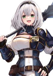 Rule 34 | 1girl, armor, bad id, bad pixiv id, belt, black gloves, braid, breasts, brown belt, cleavage, fingerless gloves, gloves, green eyes, hand on own hip, highres, holding, holding weapon, hololive, kyuu (chiu850513), large breasts, open mouth, shirogane noel, shirogane noel (1st costume), short hair, silver hair, simple background, smile, solo, virtual youtuber, weapon, white background