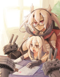 Rule 34 | 10s, 2girls, blonde hair, breasts, budget sarashi, dark skin, dark-skinned female, elbow gloves, fingerless gloves, glasses, gloves, hairband, hand on own face, headgear, kantai collection, long hair, multiple girls, musashi (kancolle), open mouth, personification, pointy hair, red eyes, rensouhou-chan, ryuushou, sarashi, shimakaze (kancolle), twintails