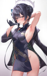 Rule 34 | 1girl, absurdres, armpits, black dress, black gloves, black hair, blue archive, breasts, butterfly hair ornament, china dress, chinese clothes, double bun, dragon print, dress, gloves, grey eyes, hair bun, hair ornament, halo, highres, kisaki (blue archive), long hair, looking at viewer, pelvic curtain, pengrani, print dress, sleeveless, sleeveless dress, sleeveless turtleneck, small breasts, solo, sweat, thighs, turtleneck, twintails, white background
