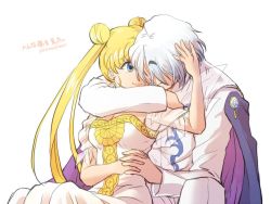 Rule 34 | 1boy, 1girl, 2016, bishoujo senshi sailor moon, blonde hair, blue eyes, bonta kana, breasts, cape, cleavage, crescent, crescent facial mark, crystal, dated, double bun, dress, earrings, facial mark, hetero, holding hands, interlocked fingers, jewelry, medium breasts, official alternate costume, prince demande, princess serenity, silver hair, smile, strapless, strapless dress, tsukino usagi, twintails, white dress