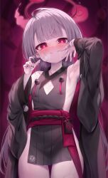 Rule 34 | 1girl, arata (xin), armpits, bandaged arm, bandages, bare shoulders, blue archive, breasts, dress, eyeliner, gauze on cheek, grey dress, grey hair, grey kimono, grin, halo, highres, japanese clothes, kimono, long hair, long sleeves, looking at viewer, makeup, obi, pleated skirt, pointy ears, purple eyes, sash, shuro (blue archive), sideless outfit, skirt, small breasts, smile, solo, sweat, thighs, wide sleeves