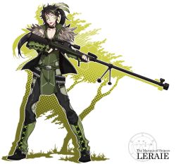 Rule 34 | 1boy, ars goetia, bad id, black hair, boots, bullet, character name, cross-laced footwear, english text, full body, fur trim, green footwear, gun, knee boots, kyousaku, leraije (mygrimoire), looking at viewer, male focus, md5 mismatch, mygrimoire, original, rifle, simple background, sniper rifle, solo, text focus, weapon, white background