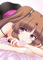 10s 1girl ano_natsu_de_matteru bad_id bad_pixiv_id bare_shoulders bed_sheet black_pantyhose brown_hair condom condom_in_mouth female_focus flo_(guilty_hearts) hair_ribbon long_hair looking_at_viewer lying mouth_hold on_stomach pantyhose purple_eyes ribbon smile solo strap_slip twintails yamano_remon