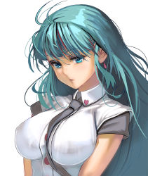 Rule 34 | 1girl, antenna hair, between breasts, blue eyes, breasts, commentary request, earrings, green hair, grey necktie, heart, jewelry, kouno (masao), lips, long hair, medium breasts, messy hair, necktie, necktie between breasts, original, revision, short sleeves, solo, v arms