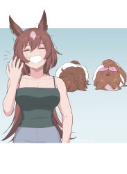 Rule 34 | 3girls, ahoge, animal ears, artist name, bare shoulders, bound, bow, breasts, brown hair, bug, cleavage, cockroach, comic, commentary request, ear ornament, green tank top, hair between eyes, highres, horse ears, horse girl, insect, large breasts, long hair, lying, mr. c.b. (umamusume), mukakin, multicolored hair, multiple girls, on side, pink bow, ponytail, sirius symboli (umamusume), strap slip, streaked hair, sumaki (action), tank top, tied up (nonsexual), tokai teio (umamusume), umamusume, waking up, white hair, wrapped up, yawning