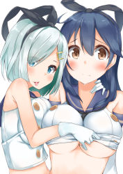 Rule 34 | 2girls, :p, alternate costume, bare shoulders, black hair, blue eyes, blush, breasts, brown eyes, commentary request, cosplay, gloves, hair ornament, hairband, hairpin, hamakaze (kancolle), highres, kantai collection, large breasts, long hair, looking at viewer, multiple girls, okomeito, revision, school uniform, serafuku, shimakaze (kancolle) (cosplay), shimakaze (kancolle), silver hair, simple background, smile, sweat, tongue, tongue out, underboob, undressing, upper body, ushio (kancolle), white background, white gloves