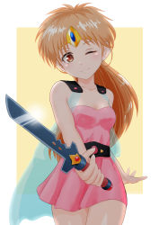 Rule 34 | 1girl, absurdres, belt, breasts, brown eyes, cape, circlet, cleavage, closed mouth, collarbone, dragon quest, dragon quest dai no daibouken, highres, holding, holding weapon, jewelry, knife, light brown hair, long hair, looking at viewer, low ponytail, one eye closed, princess leona, see-through, simple background, small breasts, smile, solo, weapon, wink