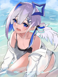 Rule 34 | 1girl, amane kanata, angel wings, bikini, blue hair, blunt bangs, collarbone, colored inner hair, flat chest, grey hair, highres, hololive, hood, hoodie, jacket, jacket partially removed, multicolored hair, partially submerged, purple eyes, shirokuma pino, sitting, solo, swimsuit, virtual youtuber, water, wings