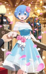Rule 34 | 1girl, :d, bare shoulders, blue dress, blue eyes, blue hair, blush, collarbone, dress, feet out of frame, flower, hair between eyes, hair flower, hair ornament, highres, holding hands, jewelry, looking at viewer, necklace, off-shoulder dress, off shoulder, official art, open mouth, pearl necklace, petals, pink flower, pleated dress, pov, pov hands, re:zero kara hajimeru isekai seikatsu, rem (re:zero), short hair, smile, solo focus, stairs, standing