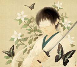 Rule 34 | 1boy, album cover, beige background, black hair, blindfold, bug, butterfly, cover, fine art parody, flower, flower request, holding, holding sword, holding weapon, insect, japanese clothes, katana, kimono, lily (flower), male focus, nihonga, original, parody, re:i, signature, solo, style request, sword, weapon, white flower, yellow background