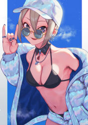 Rule 34 | 1girl, baseball cap, bikini, black bikini, black eyes, breasts, commentary request, detached collar, ear piercing, earrings, fox shadow puppet, grey hair, hat, highres, idolmaster, idolmaster cinderella girls, jacket, jewelry, lc butter, looking at viewer, medium breasts, micro shorts, nail art, navel, necklace, open clothes, open fly, open jacket, open mouth, piercing, ring, round eyewear, shiomi syuko, short hair, shorts, smile, solo, sunglasses, swimsuit, upper body