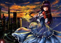 Rule 34 | 1girl, absurdres, breasts, cityscape, cleavage, dress, evening, closed eyes, gloves, highres, instrument, kincora, long hair, music, original, playing instrument, purple hair, solo, star (sky), violin, white gloves