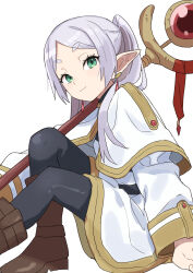 Rule 34 | 1girl, absurdres, black pantyhose, boots, brown footwear, capelet, coat, earrings, elf, frieren, gazacy (dai), green eyes, grey hair, highres, jewelry, long hair, looking at viewer, mage staff, pantyhose, parted bangs, pointy ears, simple background, sitting, smile, solo, sousou no frieren, thick eyebrows, twintails, white background, white capelet, white coat