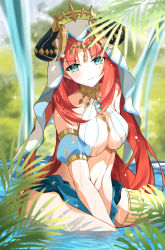 Rule 34 | 1girl, aqua eyes, arabian clothes, arms between legs, blue veil, branch, breasts, brooch, closed mouth, cowboy shot, crescent, day, fern, forehead jewel, genshin impact, glint, gold choker, harem outfit, highres, horns, in water, jewelry, light blush, long hair, looking at viewer, medium breasts, neck ring, nilou (genshin impact), outdoors, red hair, sitting, solo, v arms, vambraces, veil, very long hair, wet, white headdress, yoshitoki (kisshin)