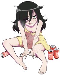 Rule 34 | 1girl, ahoge, alcohol, alpha transparency, areola slip, bags under eyes, barefoot, beer, beer can, black hair, breasts, can, commentary, death by lolis, dress, drink can, drunk, english commentary, eyes visible through hair, female focus, full body, green eyes, hair over one eye, heavy breathing, highres, kuroki tomoko, long hair, looking at viewer, meme, messy hair, open mouth, sitting, small breasts, solo, tongue, transparent background, uohhhhhhhhh! (meme), watashi ga motenai no wa dou kangaetemo omaera ga warui!, yellow dress