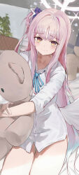 Rule 34 | 1girl, absurdres, blue archive, blue ribbon, blush, breasts, chinese commentary, cleavage, commentary, hair bun, halo, highres, jsscj, looking at viewer, mika (blue archive), pink hair, ribbon, shirt, single side bun, small breasts, smile, solo, stuffed animal, stuffed toy, teddy bear, white shirt