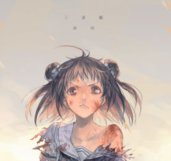 Rule 34 | 10s, 1girl, ahoge, blood, blood on face, blood on clothes, brown eyes, brown hair, double bun, glaring, kantai collection, looking at viewer, lor968, naka (kancolle), off shoulder, portrait, profile, school uniform, serafuku, short hair, solo, torn clothes