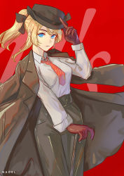 Rule 34 | 1girl, absurdres, alternate costume, artist name, ayase eli, black bow, blonde hair, blue eyes, bow, brown gloves, cane, gloves, hand on headwear, hat, highres, jacket, jacket on shoulders, looking at viewer, love live!, naoel (naoel art), necktie, pants, ponytail, red eyes, red necktie, shirt, solo, white shirt