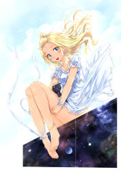 Rule 34 | 1girl, ankle ribbon, anklet, bare legs, barefoot, black cat, blonde hair, blue eyes, blush, cat, commentary request, dress, earrings, feet, hair ornament, highres, jewelry, kazeno, leg ribbon, long hair, looking at viewer, necklace, open mouth, original, ribbon, sitting, smile, solo, toes, white dress