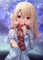 Rule 34 | 1girl, absurdres, blonde hair, coat, fate/kaleid liner prisma illya, fate/stay night, fate (series), green eyes, hair between eyes, highres, illyasviel von einzbern, kyuri senbei, long hair, long sleeves, looking at viewer, reaching, reaching towards viewer, red scarf, scarf, solo, straight hair, striped clothes, striped scarf, upper body, white coat, winter clothes, winter coat