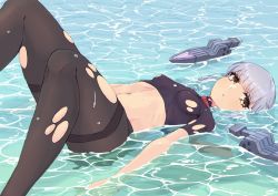 Rule 34 | 1girl, alakoala, black pantyhose, blunt bangs, blush, breasts, brown eyes, hair ribbon, headgear, in water, kantai collection, long hair, looking at viewer, lying, murakumo (kancolle), navel, necktie, on back, open mouth, pantyhose, red necktie, ribbon, shirt, sidelocks, silver hair, small breasts, solo, thick eyebrows, thighband pantyhose, torn clothes, torn pantyhose, torn shirt, wet, wet hair