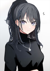 Rule 34 | 1girl, absurdres, black hair, black sweater, blush, commentary, gradient background, grey eyes, highres, idolmaster, idolmaster shiny colors, jewelry, kazano hiori, long hair, looking at viewer, mole, mole under mouth, necklace, ponytail, simple background, solo, suyaya oyasumi, sweater, turtleneck, turtleneck sweater, upper body, white background