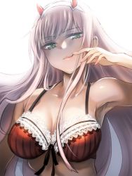 Rule 34 | 10s, 1girl, armpits, bra, breasts, cleavage, darling in the franxx, green eyes, herozu (xxhrd), horns, lace, lace-trimmed bra, lace trim, large breasts, partially undressed, pink hair, solo, strapless, underwear, upper body, white background, zero two (darling in the franxx)