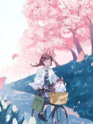 Rule 34 | 1girl, ahoge, artist name, bag, bicycle, black dress, black footwear, blush, brown hair, brown socks, cat, cherry blossoms, closed mouth, collared shirt, day, dot nose, dress, facing viewer, falling petals, flower, full body, fumi futamori, grass, highres, landscape, long hair, long sleeves, low-braided long hair, low-tied long hair, nature, open clothes, open shirt, original, outdoors, petals, plaid, plaid dress, riding, riding bicycle, road, scenery, shirt, shoes, sidelocks, smile, socks, solo, tote bag, tree, tulip, white flower, white shirt, white tulip