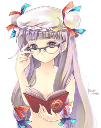 Rule 34 | 1girl, adjusting eyewear, bad id, bad pixiv id, bespectacled, book, censored, convenient censoring, crescent, female focus, flat chest, glasses, hat, hexagram, holding, holding book, long hair, nude, open book, patchouli knowledge, purple eyes, purple hair, reading, solo, ssz, szuinyo, touhou, upper body, very long hair