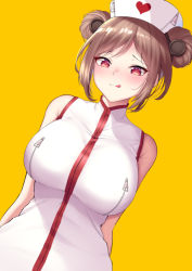 Rule 34 | 1girl, :q, arms behind back, bare shoulders, blush, brown hair, dearonnus, double bun, dress, dutch angle, closed eyes, girls&#039; frontline, hat, heart, heart-shaped pupils, highres, nurse, nurse cap, p90 (girls&#039; frontline), parted lips, red eyes, short hair, simple background, sleeveless, sleeveless dress, smile, solo, symbol-shaped pupils, tongue, tongue out, upper body, white dress, yellow background, zipper, zipper pull tab