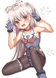 Rule 34 | 1girl, animal ear fluff, animal ears, bell, black hair, black pantyhose, blush, bow, bowtie, breasts, bridal garter, brown pantyhose, claw pose, collar, collarbone, commentary request, drawn whiskers, extra ears, fang, gloves, grey gloves, grey leotard, hair between eyes, hair ornament, jingle bell, leotard, lion ears, lion hair ornament, long hair, looking at viewer, mannack, multicolored hair, original, pantyhose, red bow, red bowtie, red collar, red eyes, simple background, skin fang, small breasts, solo, streaked hair, two side up, white background