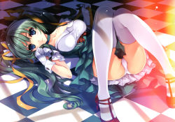 Rule 34 | 1girl, absurdres, blue eyes, bow, breasts, checkered floor, gloves, green hair, high heels, highres, knees together feet apart, knees up, lying, melon-chan, melonbooks, misaki kurehito, panties, twintails, underwear, white gloves, white panties, yellow bow