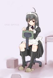 Rule 34 | 1girl, ahoge, chair, grey hair, maid, nakamoto masami, sitting, sitting backwards, slippers, socks, solo