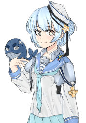 Rule 34 | 1girl, absurdres, animal, blue hair, blue sailor collar, blue skirt, blush, dixie cup hat, flat chest, hat, highres, holding, holding animal, kantai collection, long sleeves, looking at viewer, medal, military, military hat, military uniform, rikani, sailor collar, samuel b. roberts (kancolle), school uniform, self-upload, serafuku, shirt, short hair, skirt, smile, solo, standing, star (symbol), uniform, whale, white background, yellow eyes