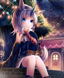 Rule 34 | 10s, 1girl, animal ears, artist request, blue eyes, bread, christmas lights, christmas tree, crumbs, cygames, eating, food, gold trim, horns, horse ears, horse girl, horse tail, mountain, neck ruff, official art, ponytail, shadowverse, shingeki no bahamut, single horn, sitting, sleeves past wrists, tail, unico (shingeki no bahamut), unicorn dancer unica, white hair