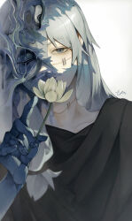 Rule 34 | 1boy, air (ai r ), black shirt, blue eyes, fingernails, flower, gradient background, grey background, grey hair, hair between eyes, highres, holding, holding flower, jujutsu kaisen, long hair, looking at viewer, mahito (jujutsu kaisen), male focus, one eye closed, shirt, simple background, solo, stitched face, stitched neck, stitches, third eye, upper body, white flower