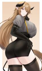 Rule 34 | 1girl, absurdres, arknights, ass, black gloves, black horns, black skirt, black thighhighs, border, breasts, brown hair, commentary, elbow gloves, gloves, grey sweater, highres, horns, index finger raised, kanta (kanta 077), large breasts, long hair, meteorite (arknights), miniskirt, parted lips, pencil skirt, pointy ears, ribbed sweater, sidelocks, skirt, solo, sweater, thighhighs, thighs, turtleneck, turtleneck sweater, very long hair, white border, yellow eyes