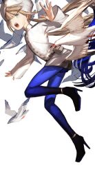 Rule 34 | 1boy, absurdres, bird, bird request, blue hair, blue pantyhose, brown hair, captain nemo (fate), commentary request, fate/grand order, fate (series), floating hair, from side, full body, glaring, gradient hair, gradient legwear, green eyes, grey shorts, high heels, highres, jacket, long hair, long sleeves, looking at viewer, looking to the side, low twintails, male focus, multicolored hair, nemo (fate), open mouth, pantyhose, pantyhose under shorts, short shorts, shorts, shoulder boards, simple background, solo, turban, twintails, ubwmitekure, v-shaped eyebrows, very long hair, white background, white headwear, white jacket