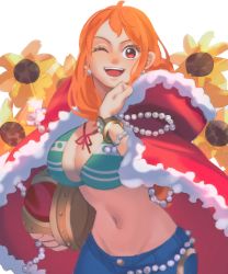 Rule 34 | 1girl, bikini, bikini top only, blue pants, bracelet, breasts, cape, cleavage, crown, denim, earrings, flower, green bikini, highres, holding, holding crown, jeans, jewelry, large breasts, long hair, looking at viewer, midriff, nami (one piece), navel, one eye closed, one piece, open mouth, orange hair, pandar op, pants, red cape, red eyes, solo, sunflower, swimsuit, white background