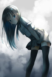 Rule 34 | 1girl, asashio (kancolle), between legs, black hair, black thighhighs, blue eyes, blush, comah, gradient background, highres, kantai collection, long hair, looking at viewer, neck ribbon, open mouth, pleated skirt, red ribbon, ribbon, school uniform, shirt, short sleeves, skirt, smoke, solo, suspenders, thighhighs, thighs, white shirt
