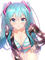 Rule 34 | 1girl, bent over, bikini, black jacket, blue eyes, blue hair, blush, breasts, cleavage, collarbone, cowboy shot, floating hair, front-tie bikini top, front-tie top, groin, hair between eyes, hair ornament, halkawa501, hand on own hip, hatsune miku, highres, jacket, long hair, long sleeves, looking at viewer, medium breasts, navel, open clothes, open jacket, open mouth, side-tie bikini bottom, simple background, solo, standing, striped bikini, striped clothes, swimsuit, thigh gap, twintails, very long hair, vocaloid, white background