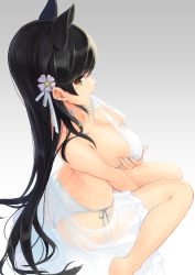 Rule 34 | 1girl, absurdres, animal ears, ass, atago (azur lane), atago (summer march) (azur lane), azur lane, bikini, black hair, breasts, brown eyes, commentary request, flower, gradient background, hair flower, hair ornament, highres, large breasts, long hair, looking at viewer, meso-meso, mole, mole under eye, solo, swimsuit, white bikini