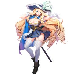 Rule 34 | 1girl, belt, blonde hair, blue eyes, boots, breasts, charlotte (last origin), cleavage, curvy, dress, drill hair, full body, game cg, garter straps, gloves, hair between eyes, hat, highres, huge breasts, last origin, long hair, looking at viewer, official art, one eye closed, open mouth, pleated dress, scabbard, sheath, short dress, skirt, smile, snowball22, solo, standing, sword, tachi-e, thighhighs, transparent background, very long hair, weapon, white gloves, white thighhighs