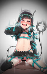 Rule 34 | 1boy, 1girl, nanashi inc., afterimage, bar censor, belt, black hair, black jacket, black skirt, black sports bra, black thighhighs, blue belt, blue hair, blush, bra, bra lift, censored, chest belt, clothed sex, clothes lift, clothing cutout, commentary request, cowgirl position, cropped jacket, cross-laced clothes, cross-laced sleeves, dark-skinned male, dark skin, demon girl, demon horns, demon tail, fang, flat chest, full body, garter straps, girl on top, grey skirt, hetero, highres, horns, jacket, layered skirt, long hair, long sleeves, looking at viewer, midriff, motion lines, multicolored hair, navel, nipples, open mouth, penis, pointy ears, pov, red eyes, sekino takehiro, sex, shishio chris, shoulder cutout, signature, single thighhigh, skin fang, skirt, smile, solo focus, sports bra, sports bra lift, straddling, sugar lyric, tail, thighhighs, torogao, two-tone hair, underwear, vaginal, virtual youtuber, zipper skirt